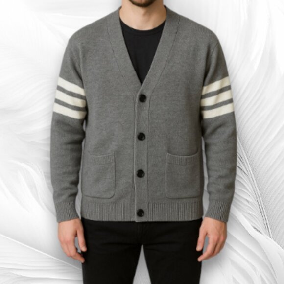 Men's Gray Cardigan with Pockets and Stripes on the Sleeves Size: L - Picture 1 of 7